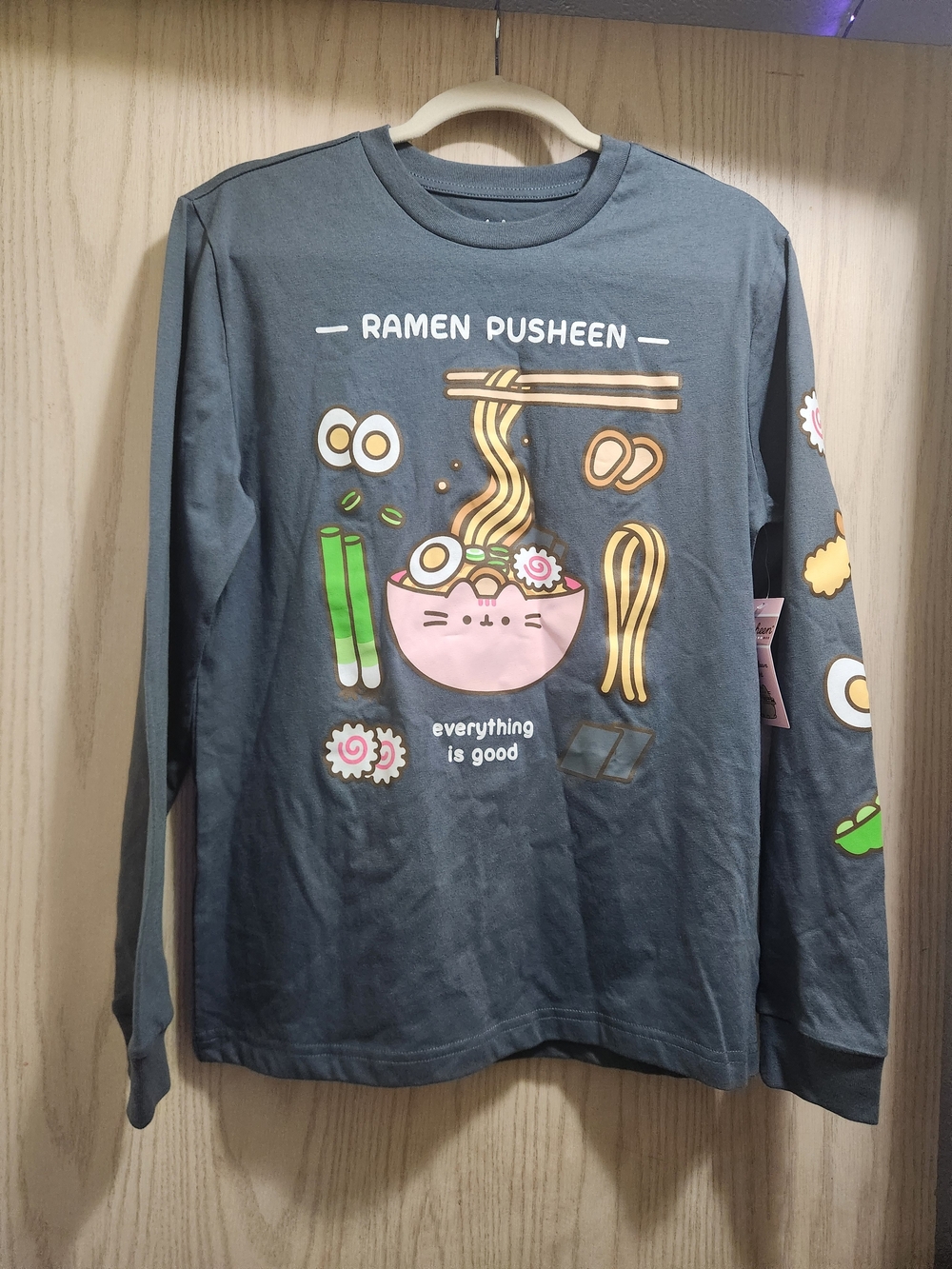 Ramen Pusheen Long Sleeve Graphic Tee - Charcoal with Pink Bowl